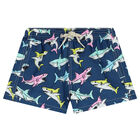 Boys Navy Blue Sharks Swim Shorts, 1, hi-res
